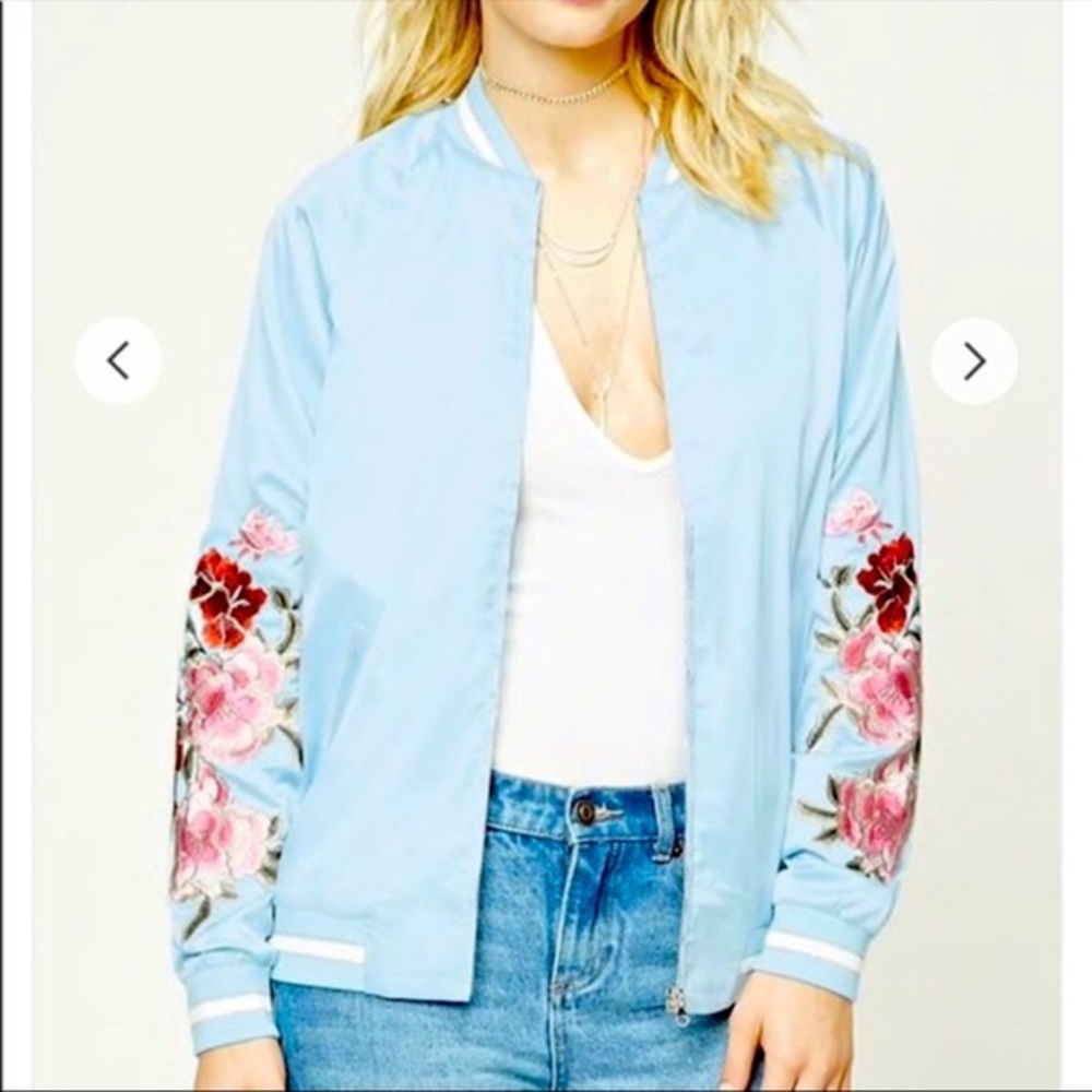 Lara Jean TATBILB Floral Embroidered Bomber Jacket in Light Blue